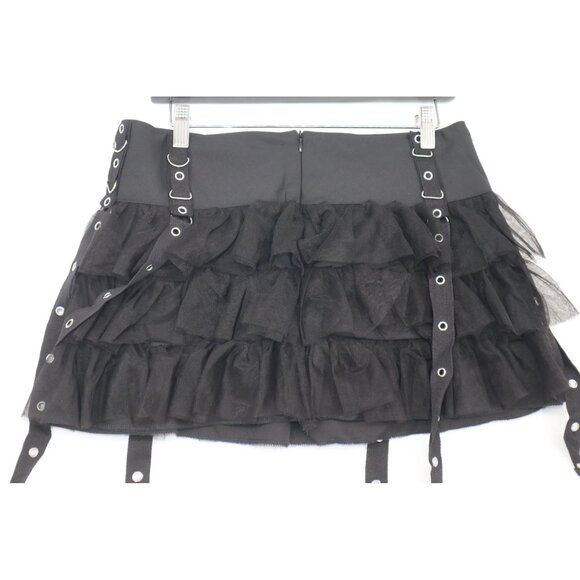 Black Gothic Punk Ruffled Mini Skirt With Straps & Buckle Accents Dark Academia - Picture 8 of 10